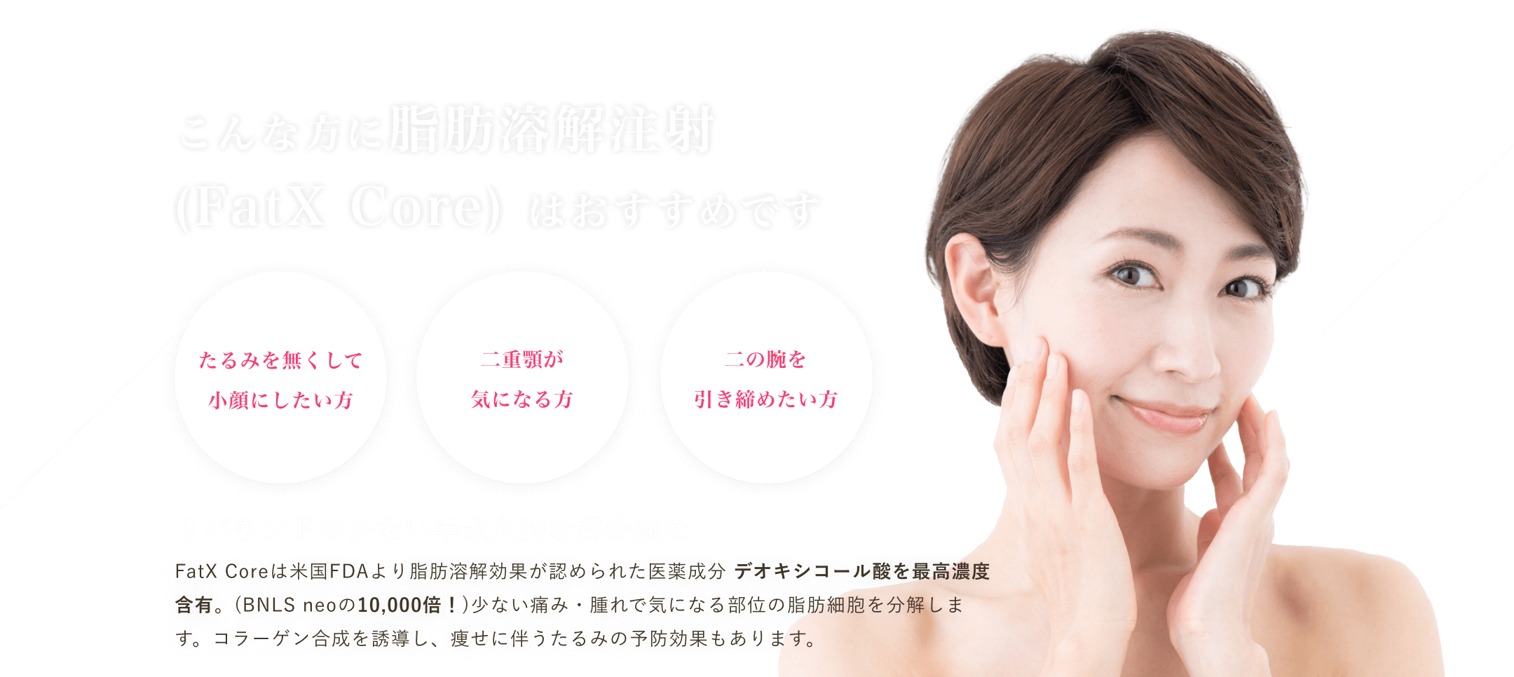 マグノリア皮膚科クリニックの脂肪溶解注射(FatX Core)で気になる部分の脂肪細胞を分解。米国FDA認可のデオキシコール酸を高配合。痩せに伴うたるみの予防効果も!